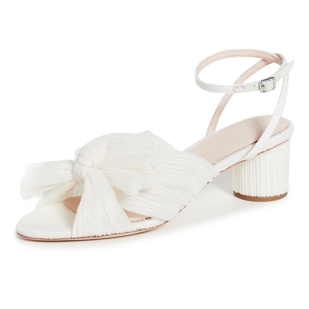 Loeffler Randall Dahlia Pleated Bow Heels with Ankle Strap, size 8, color Pearl